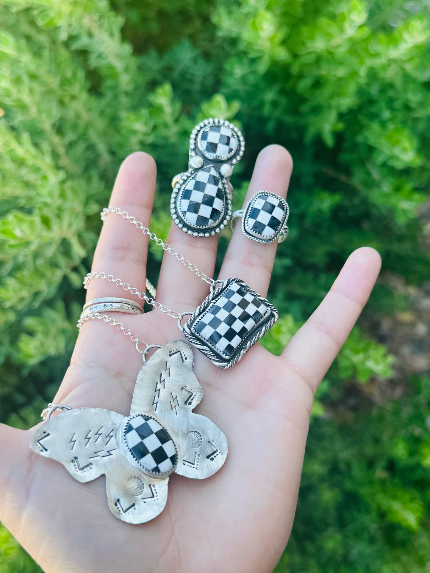 Checkered Two Stone Adjustable Ring