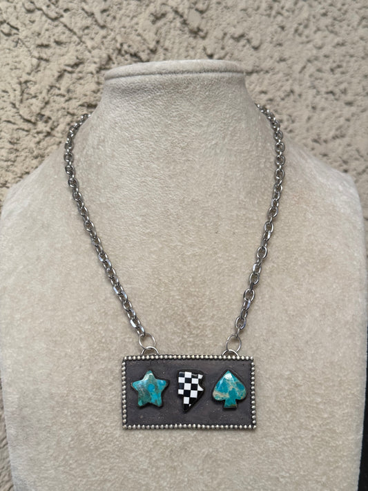 Turquoise & Checkered Lightning Bolt Necklace