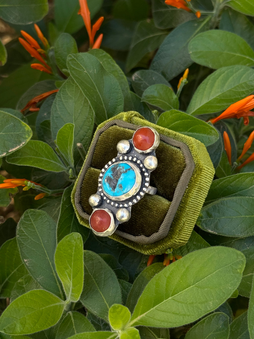 Kingman Turquoise & Red Jasper Ring Size 7.5