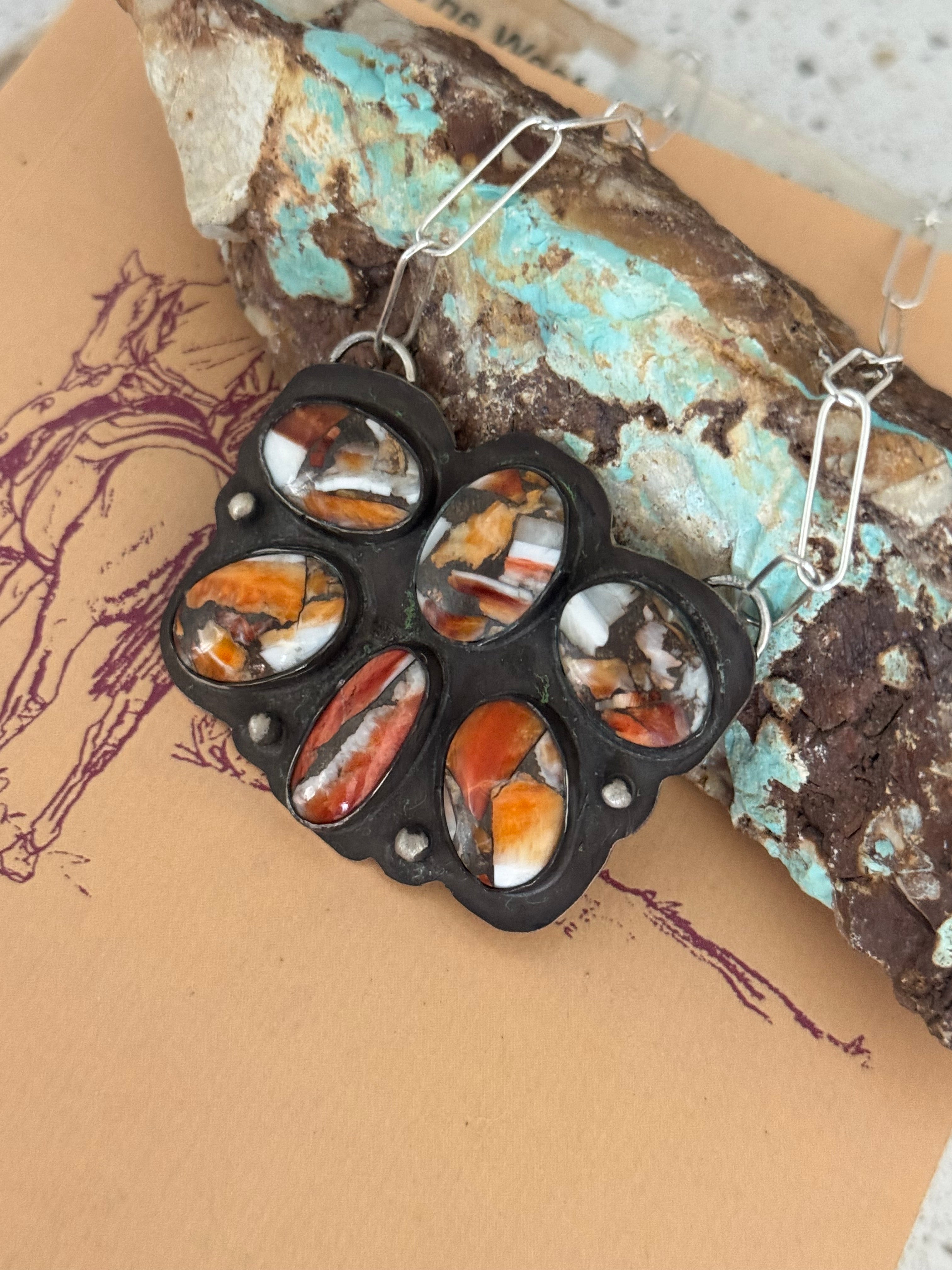 Spiny Oyster/White Buffalo Composite Cluster Paperclip Necklace